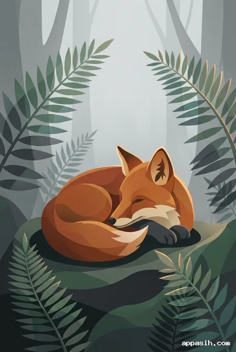 Abstract graphic red fox in a closer three-quarter view, curled among layered geometric ferns with misty morning light.