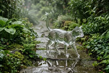 Translucent glass cat walking along a rainy garden path with wet leaves and reflective puddles in a Glass / Translucent 3D style.