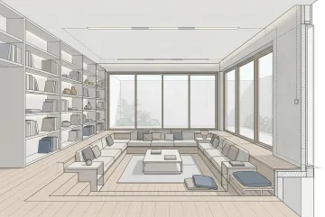 Technical illustration of a modern sunken reading lounge with built-in benches, bookshelves, timber flooring, and concealed architectural lighting.