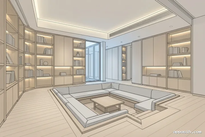 Detailed technical illustration of the same sunken reading lounge showing recessed built-in seating, modular bookshelves, timber flooring, glazing, and integrated lighting from a closer three-quarter view.