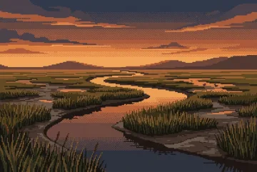 Retro pixel art salt marsh with winding tidal channels reflecting amber dusk beneath layered clouds and distant low hills.