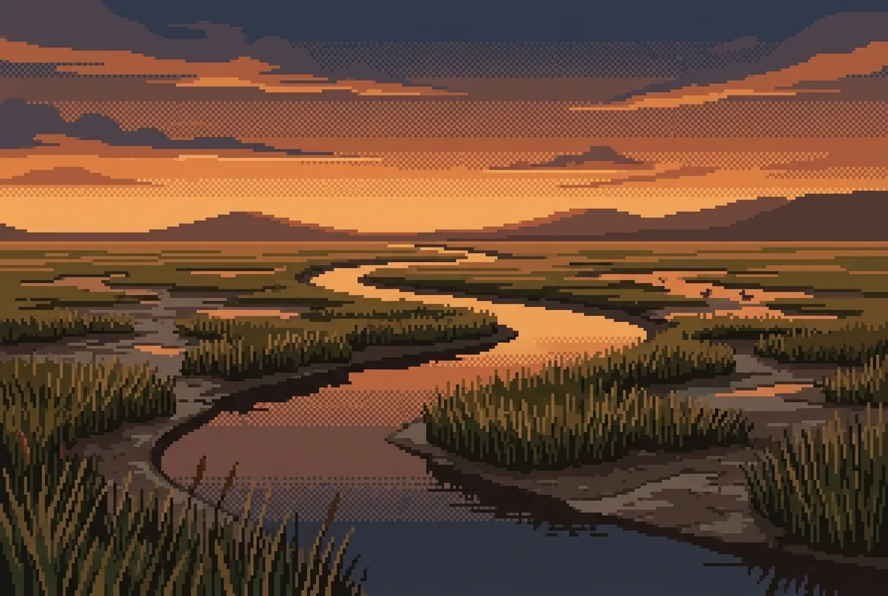Retro pixel art salt marsh with winding tidal channels reflecting amber dusk beneath layered clouds and distant low hills.