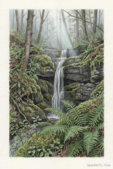 Detailed colored pencil drawing of the same fern-covered forest waterfall with mist, mossy rocks, wet leaves, and soft morning light.