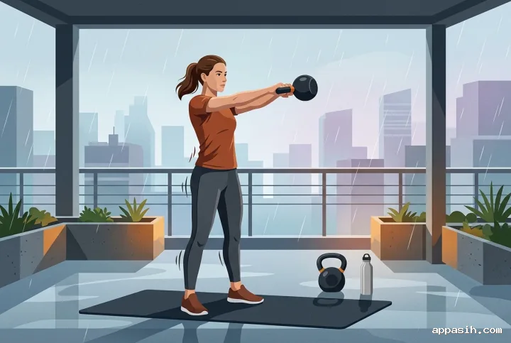 Flat 2D illustration of an athlete at the upper phase of a kettlebell swing on a rainy sheltered rooftop, with exercise equipment, planters, wet flooring, and a misty urban skyline.