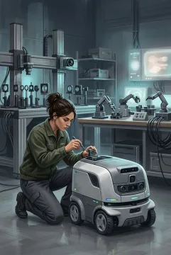 Digital painting of a robotics engineer calibrating a compact autonomous service robot inside a futuristic sensor calibration laboratory.