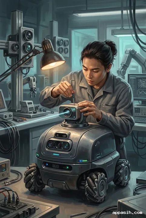 Detailed digital painting of a robotics engineer making a precision sensor adjustment on an autonomous service robot in a futuristic calibration laboratory.