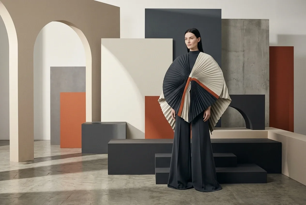 Fashion model in a sculptural pleated cape and wide-leg trousers standing among abstract geometric panels in a graphic gallery.