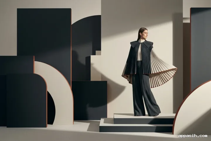 Fashion model turning slightly in a sculptural pleated cape inside an abstract graphic gallery of geometric panels, arcs, platforms, and angular shadows.