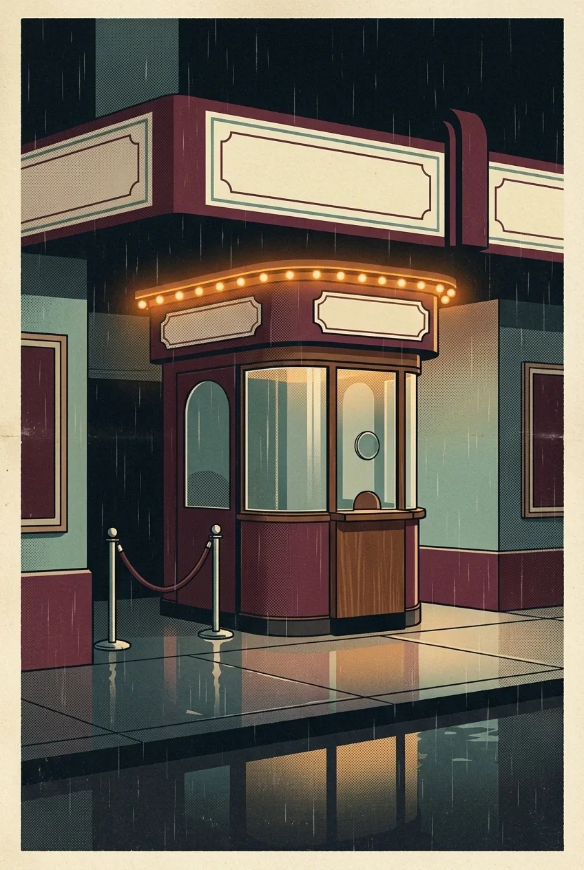 Retro vintage poster of a 1950s cinema ticket booth glowing at midnight beside rain-soaked pavement.