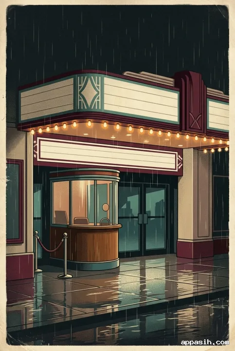 Detailed retro vintage poster of a glowing 1950s cinema ticket booth at midnight with warm lights, falling rain, and wet pavement reflections.