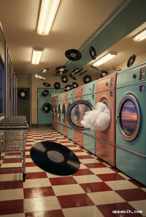 Surreal retro laundromat viewed from a lower three-quarter angle with pastel washing machines, floating vinyl records, reflective checkerboard tiles, and warm nostalgic fluorescent light.