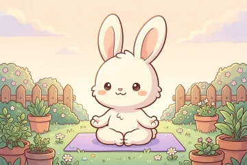 Cute cream-white chibi bunny sitting cross-legged on a lavender yoga mat in a peaceful cartoon garden with daisies, terracotta herb pots, a wooden fence, and soft morning sunlight.