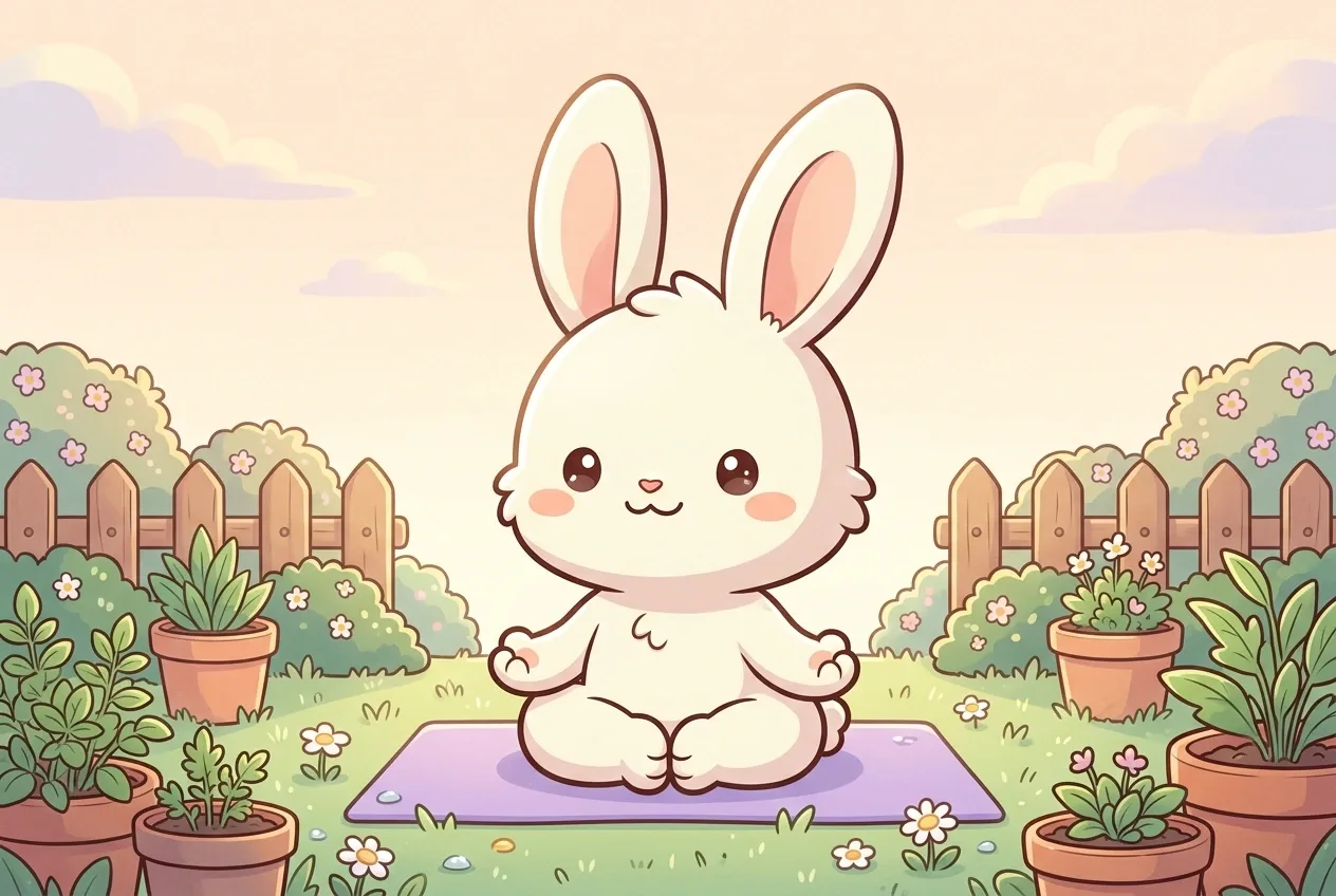 Cute cream-white chibi bunny sitting cross-legged on a lavender yoga mat in a peaceful cartoon garden with daisies, terracotta herb pots, a wooden fence, and soft morning sunlight.