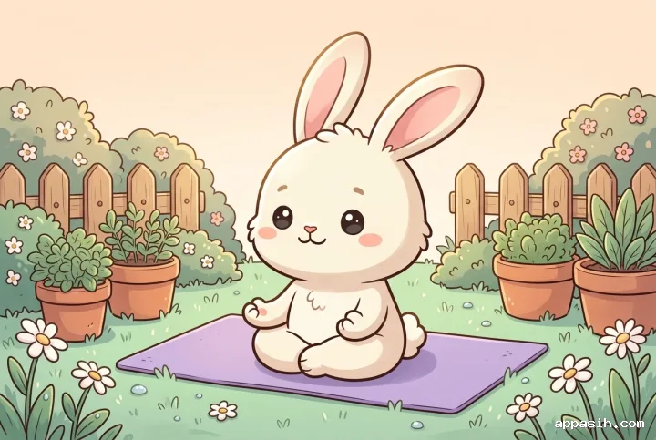 Detailed pastel chibi cartoon of a cream-white bunny meditating cross-legged on a lavender yoga mat in a cozy cottage garden, with dew-covered daisies, terracotta herb pots, a wooden picket fence, and gentle golden morning light.