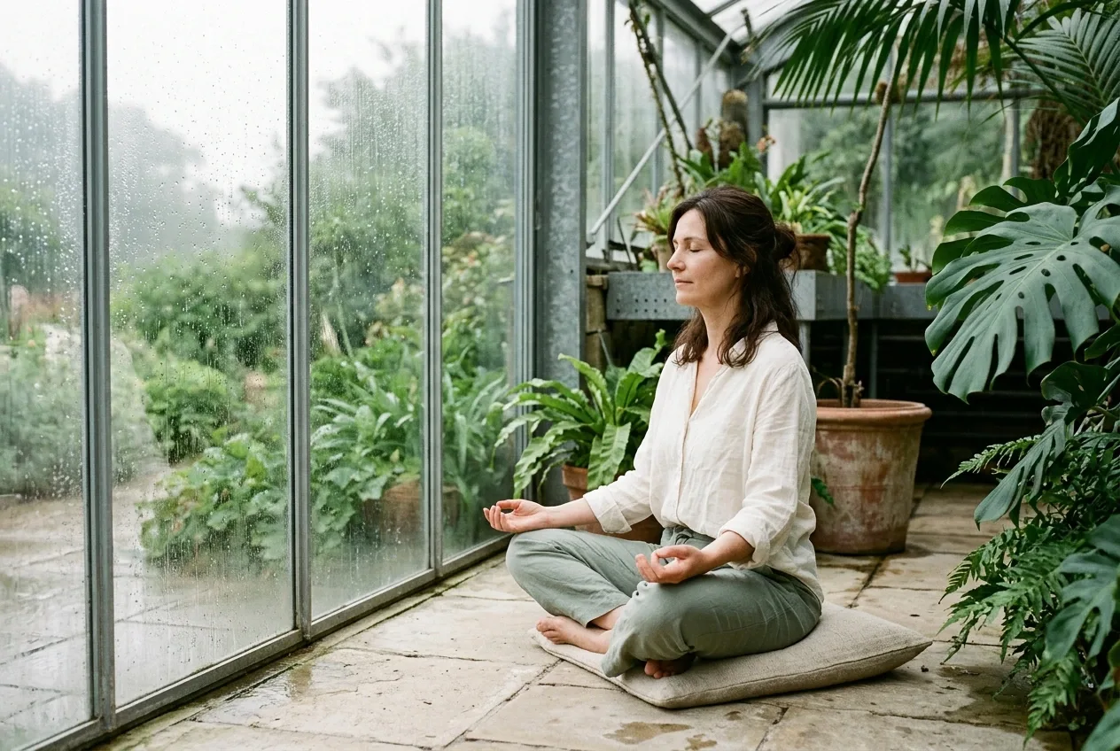 Fine art photograph of a woman in an ivory blouse and sage-green trousers practicing mindful breathing beside a rain-covered conservatory window, surrounded by tropical plants and soft morning light.