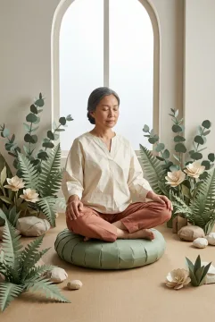 Handcrafted Mixed Media Origami Style scene of a woman meditating on a sage-green folded paper cushion inside a miniature indoor garden with paper ferns, ivory flowers, and soft morning light.