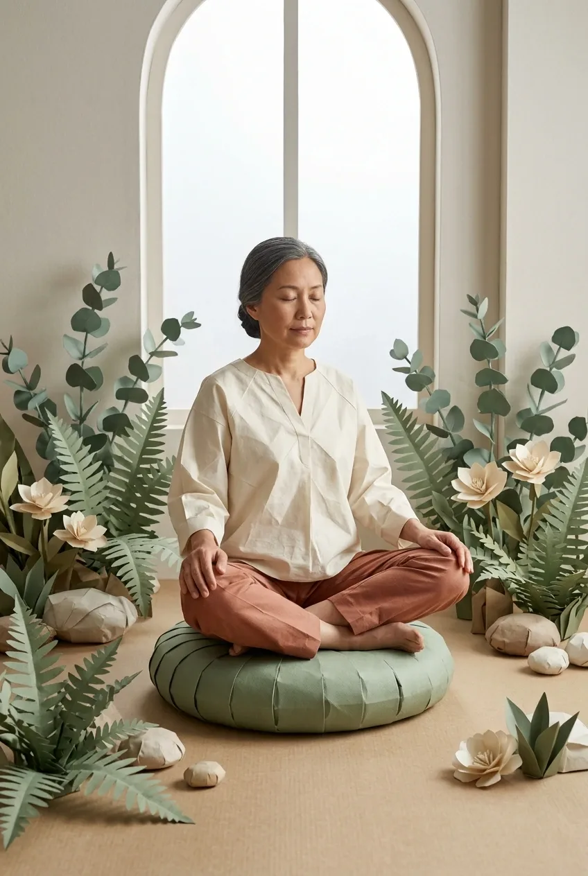 Handcrafted Mixed Media Origami Style scene of a woman meditating on a sage-green folded paper cushion inside a miniature indoor garden with paper ferns, ivory flowers, and soft morning light.