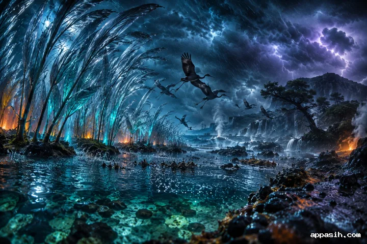 Cinematic geothermal wetland during a blue-hour thunderstorm with towering translucent reeds, flying waterbirds, volcanic pools, steam, rain, and cyan mineral light.