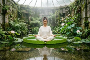 Surreal landscape of a woman meditating on an enormous floating lotus leaf above a reflective rain garden pond, surrounded by suspended raindrops and soft pink lotus flowers.