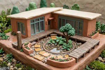 Clay 3D miniature of a modern courtyard house with curved terracotta walls, a cream sloping roof, teal windows, and a circular rain garden surrounded by a sheltered walkway.