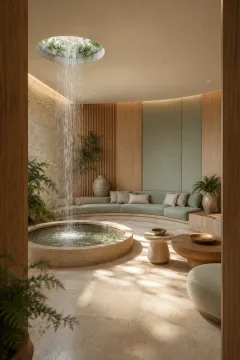 Portrait view of a serene biophilic listening room with a slender indoor rainwell, curved seating, pale stone flooring, warm timber walls, and soft morning light.