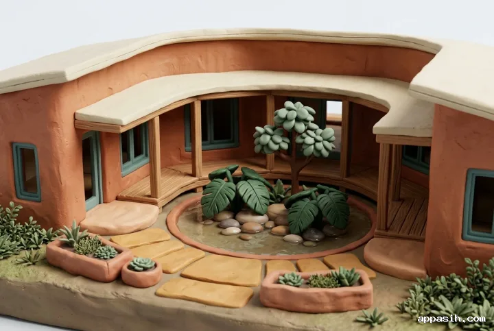Detailed Clay 3D courtyard house with rounded terracotta walls, cream roof, teal-framed windows, handcrafted wooden walkway, and a circular rain garden with miniature tropical plants and reflective water.