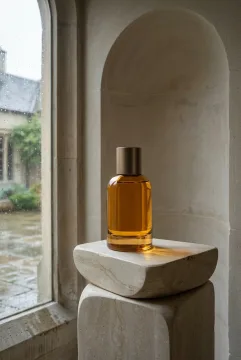 Concept art of an unbranded amber glass perfume bottle with a cylindrical bronze cap standing on a sculpted limestone pedestal inside a minimalist stone alcove, illuminated by soft daylight from a rain-covered window.