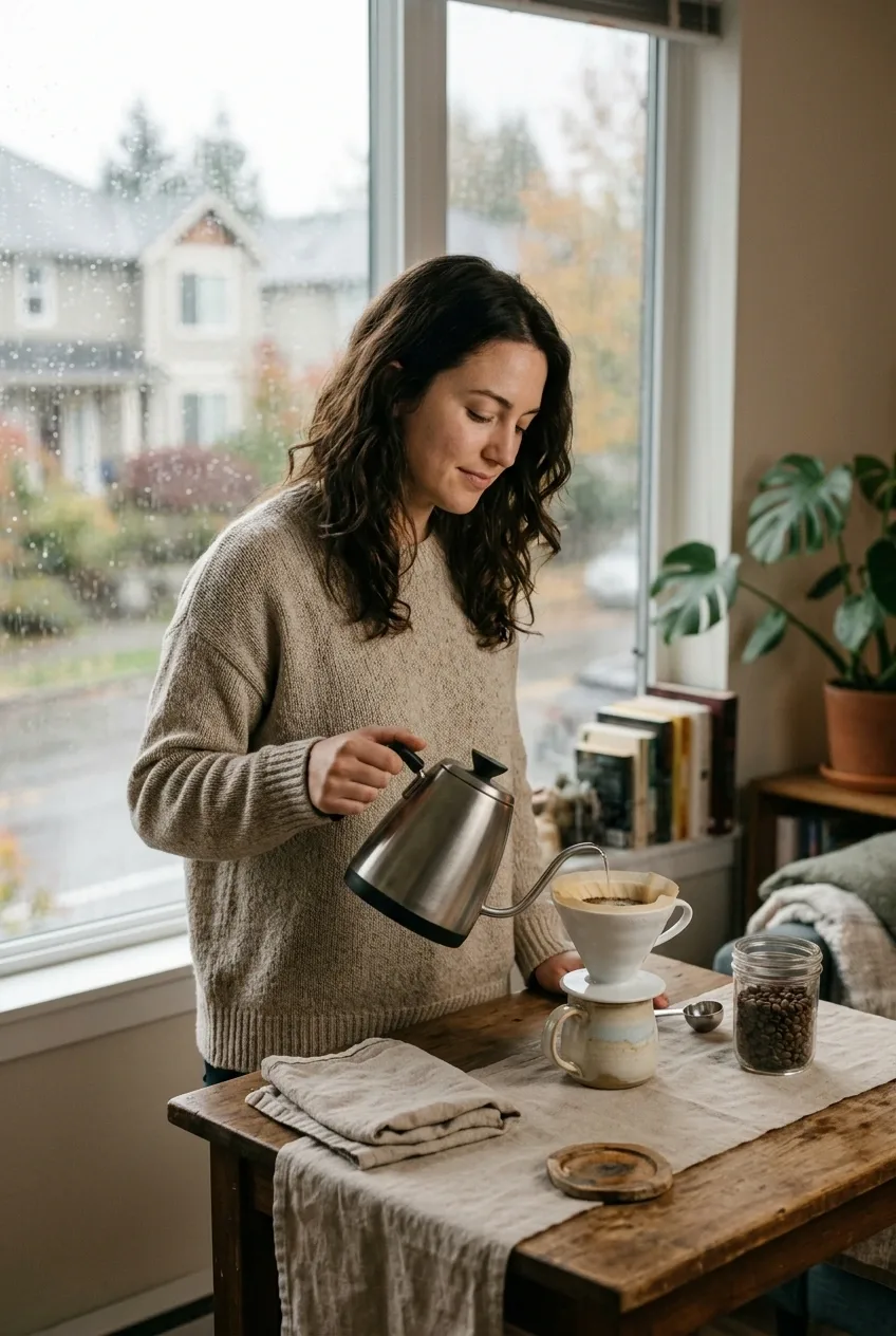 Young woman in an oatmeal knitted sweater preparing pour-over coffee with a stainless steel kettle beside a rain-covered apartment window on a peaceful morning, captured in cinematic lighting.