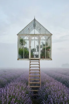 Surreal fine art photograph of a white-framed glass greenhouse floating above a misty purple lavender field, with a narrow wooden staircase reaching its doorway under a pale dawn sky.