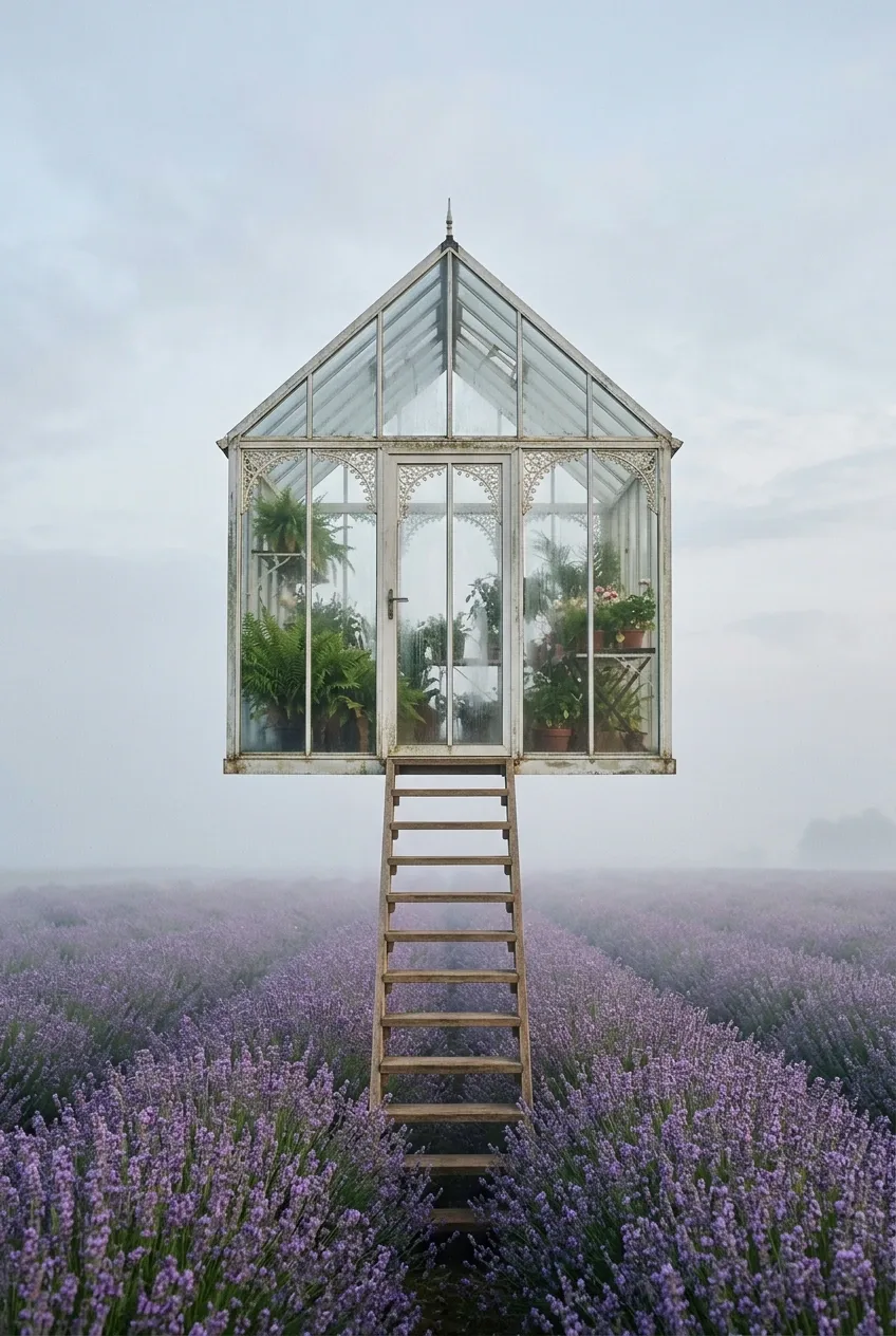 Surreal fine art photograph of a white-framed glass greenhouse floating above a misty purple lavender field, with a narrow wooden staircase reaching its doorway under a pale dawn sky.