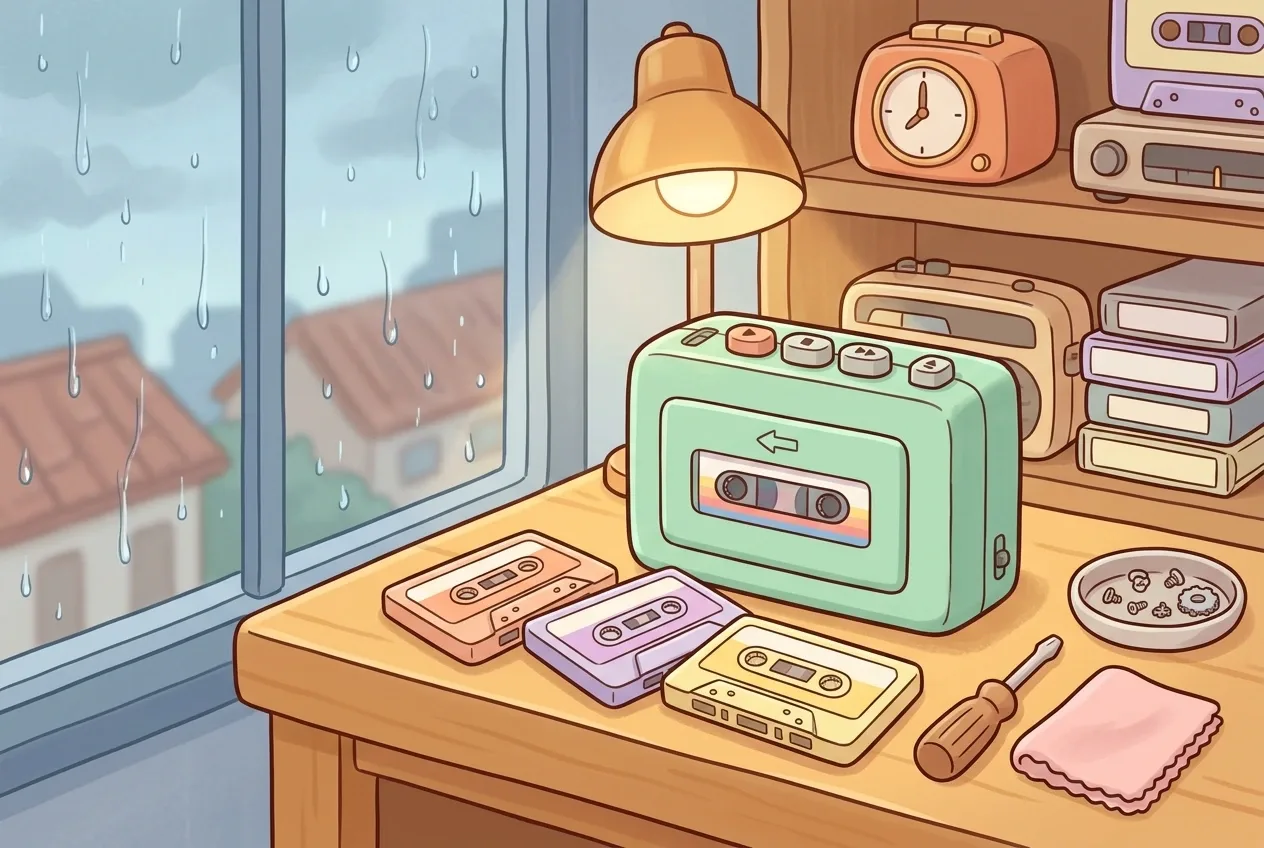 Kawaii cartoon illustration of a mint-green retro cassette player on a wooden repair shop workbench, surrounded by pastel cassette tapes and tiny tools beside a rainy window.