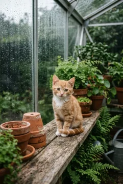 Photorealistic portrait of a small ginger tabby kitten with amber eyes sitting on a weathered wooden greenhouse bench beside a rain-covered window, surrounded by terracotta pots and green ferns in soft afternoon daylight.