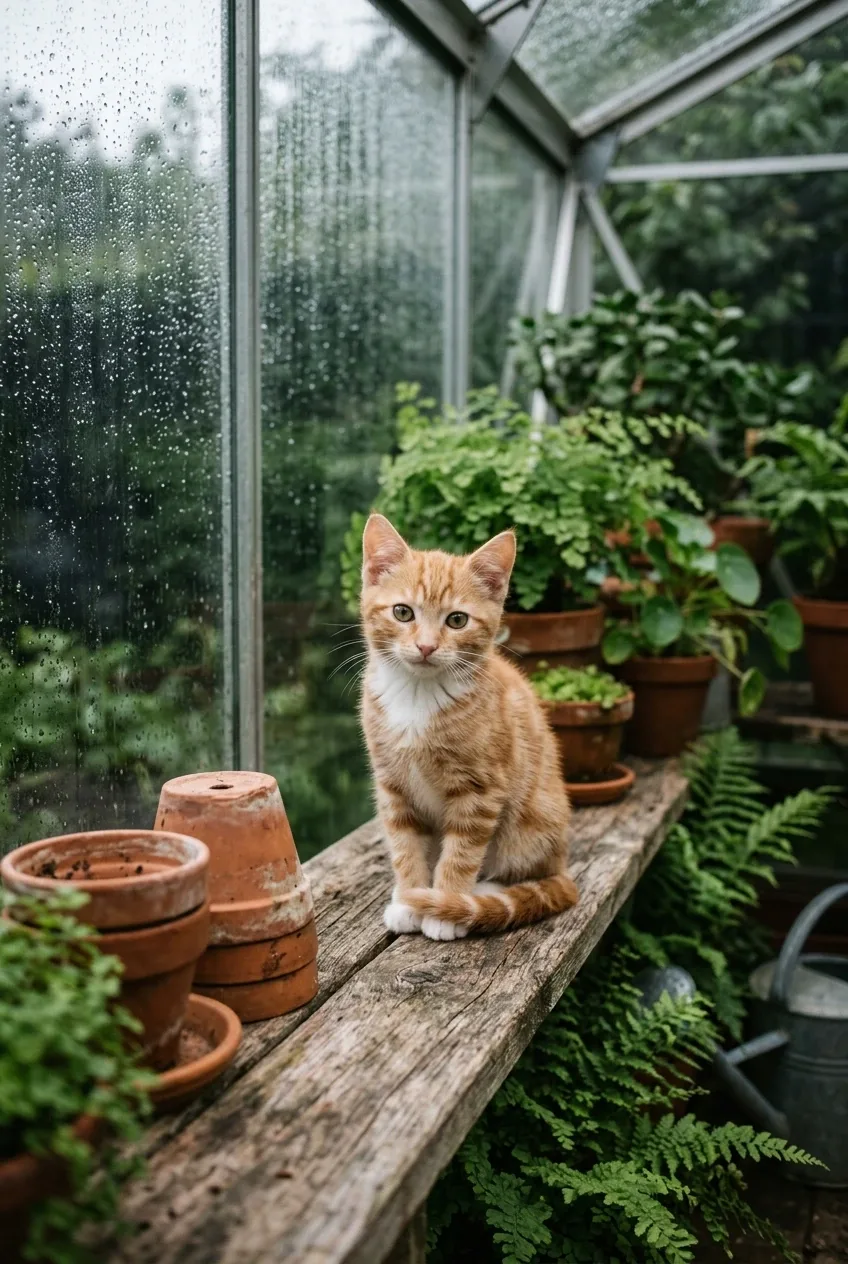 Photorealistic portrait of a small ginger tabby kitten with amber eyes sitting on a weathered wooden greenhouse bench beside a rain-covered window, surrounded by terracotta pots and green ferns in soft afternoon daylight.