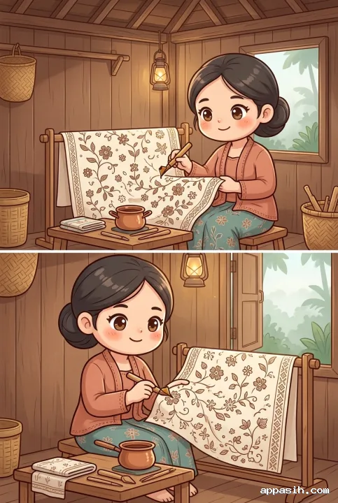 Detailed kawaii cartoon of a young Javanese batik artisan in a terracotta kebaya and teal batik skirt, carefully guiding a canting tool over floral batik cloth beside a copper wax pot in a cozy wooden workshop illuminated by soft morning light.