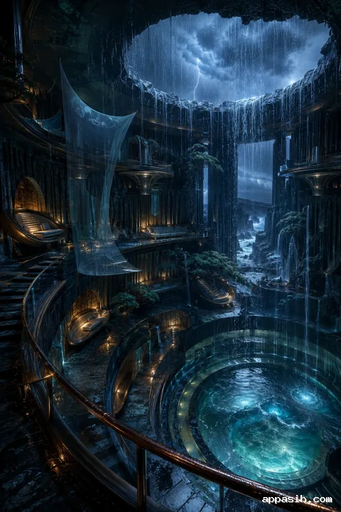 Cinematic portrait view from an upper walkway into a monumental cliffside listening sanctuary with a storm-fed rainwell, basalt terraces, glowing seating niches, mist, and cyan-blue storm light.