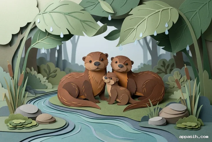 Detailed mixed-media papercraft scene of three affectionate brown river otters sheltering under folded green paper leaves on a rainy riverbank, with embossed cardstock textures, layered woodland plants, rounded stones, and a winding blue paper stream.