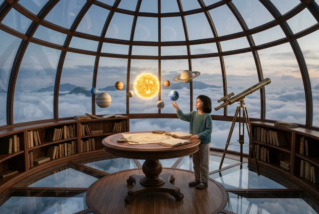 Surreal astronomy classroom inside a giant glass observatory, with a young student reaching toward floating miniature planets above a wooden study table beside a brass telescope, surrounded by clouds.