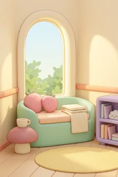 Kawaii cartoon reading corner with a mint-green arched window seat, pink strawberry cushions, mushroom side table, lavender bookshelf, and round yellow rug in a cozy pastel room.