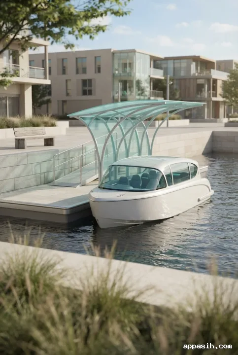 Detailed 3D architectural visualization from a close three-quarter angle of a pearl-white electric water taxi at the Tideglass floating dock, framed by coastal grasses, a translucent aqua canopy, and a limestone waterfront promenade.