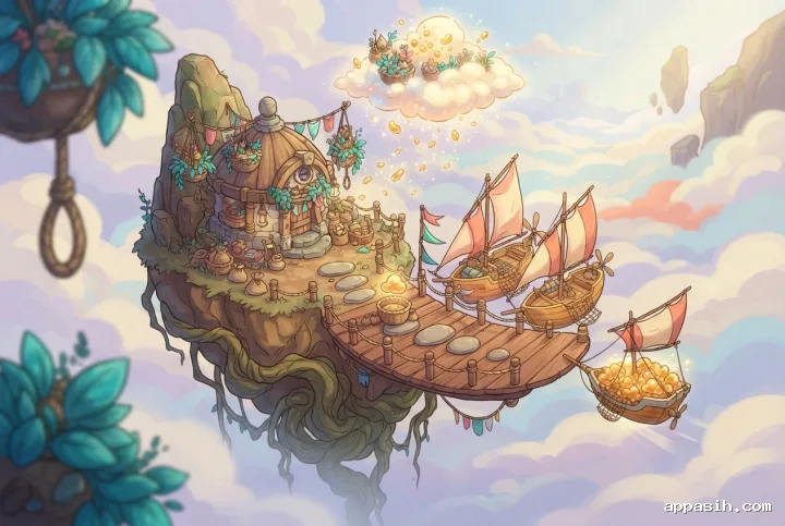 Detailed cartoon concept art of the same floating cloudseed harbor, viewed closer across wooden docks with two coral-sailed miniature airships, a round-roofed hut, teal hanging gardens, glowing amber cloudseeds, and a third airship approaching over lavender clouds.