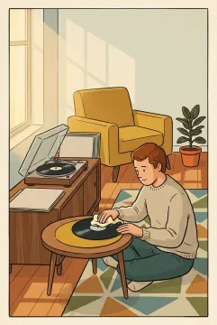 Ilustrasi retro seseorang membersihkan piringan hitam di meja kayu dekat pemutar musik analog, kursi mustard, dan tanaman hias dalam ruang keluarga yang diterangi matahari pagi.