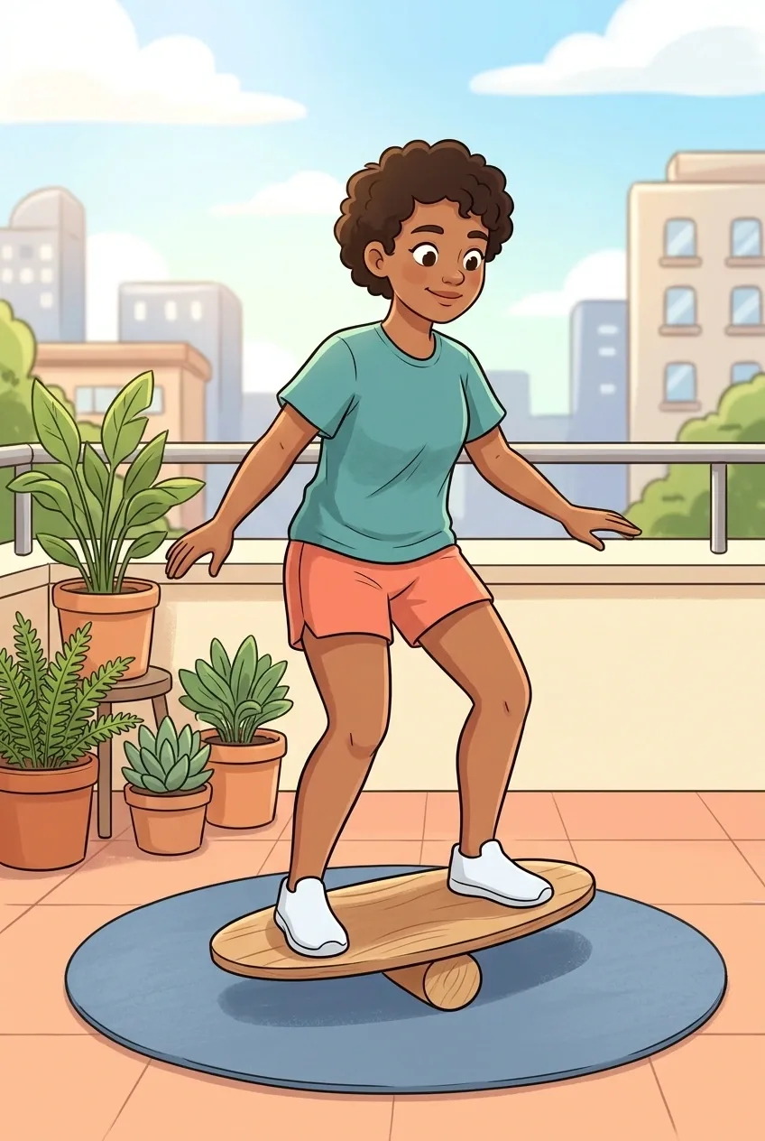 Colorful 2D cartoon of a curly-haired athlete in a teal shirt and coral shorts balancing on a wooden wobble board over a blue exercise mat on a sunny rooftop terrace with potted plants.