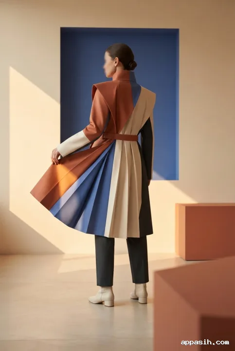 Closer geometric graphic view of an anonymous model gently lifting a terracotta triangular fold of a cobalt-accented origami coat inside an ivory fashion gallery with angular shadows and a foreground pedestal.