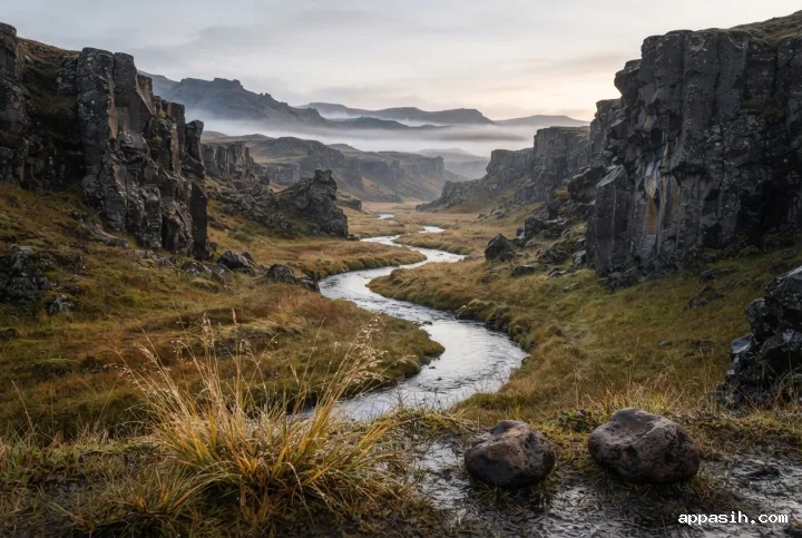 Detailed fine art landscape photograph of a silver stream winding through a misty basalt valley, with moisture-covered golden grasses and dark volcanic pebbles in the near foreground beneath soft morning light.