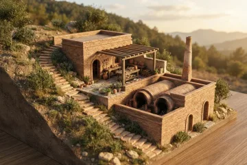 3D tilt-shift miniature of a terraced ceramic kiln house on an earthen hillside, with reddish brick walls, vaulted firing chambers, a slender chimney, and a pottery courtyard illuminated by warm afternoon sunlight.