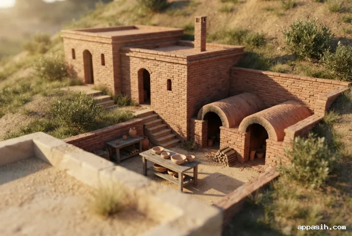 Detailed 3D tilt-shift miniature view of a terraced ceramic kiln house, showing textured clay-brick vaults, a pottery worktable, sandstone stairs, and a slender chimney in warm afternoon light.