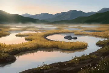 Digital painting of Amberfen Mirror Marsh at sunrise, showing a crescent-shaped reflective pool beside three gray stones, golden wetland grasses, drifting mist, and distant blue-gray mountains.