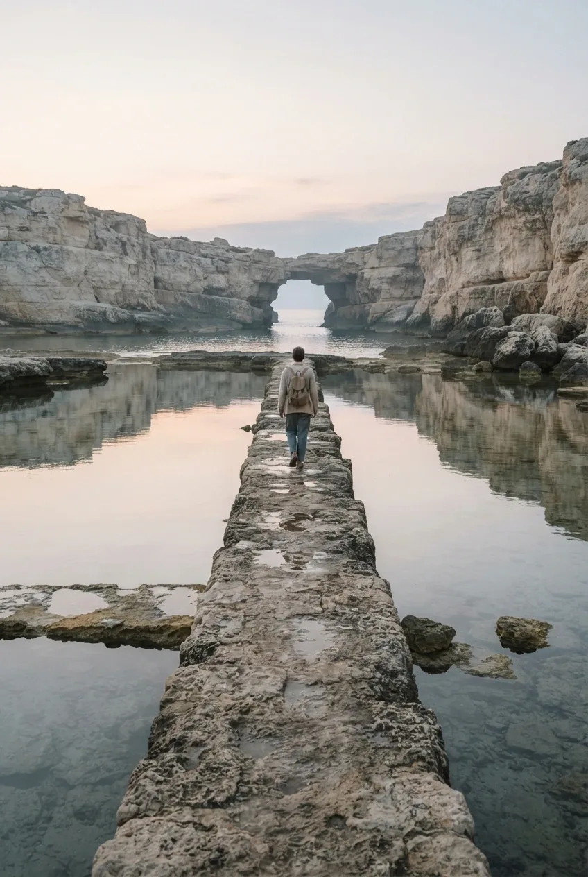 Anonymous traveler in a sand-colored jacket walking away along a narrow limestone causeway between reflective tidal pools toward distant sea cliffs at dawn, captured in fine art coastal travel photography.