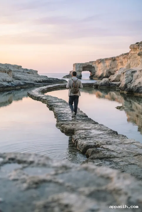 Fine art travel photograph of a solitary traveler with a canvas backpack walking along a weathered limestone causeway across mirror-like coastal tidal pools, with softly blurred wet stone in the foreground and pale sea cliffs illuminated by gentle dawn light.