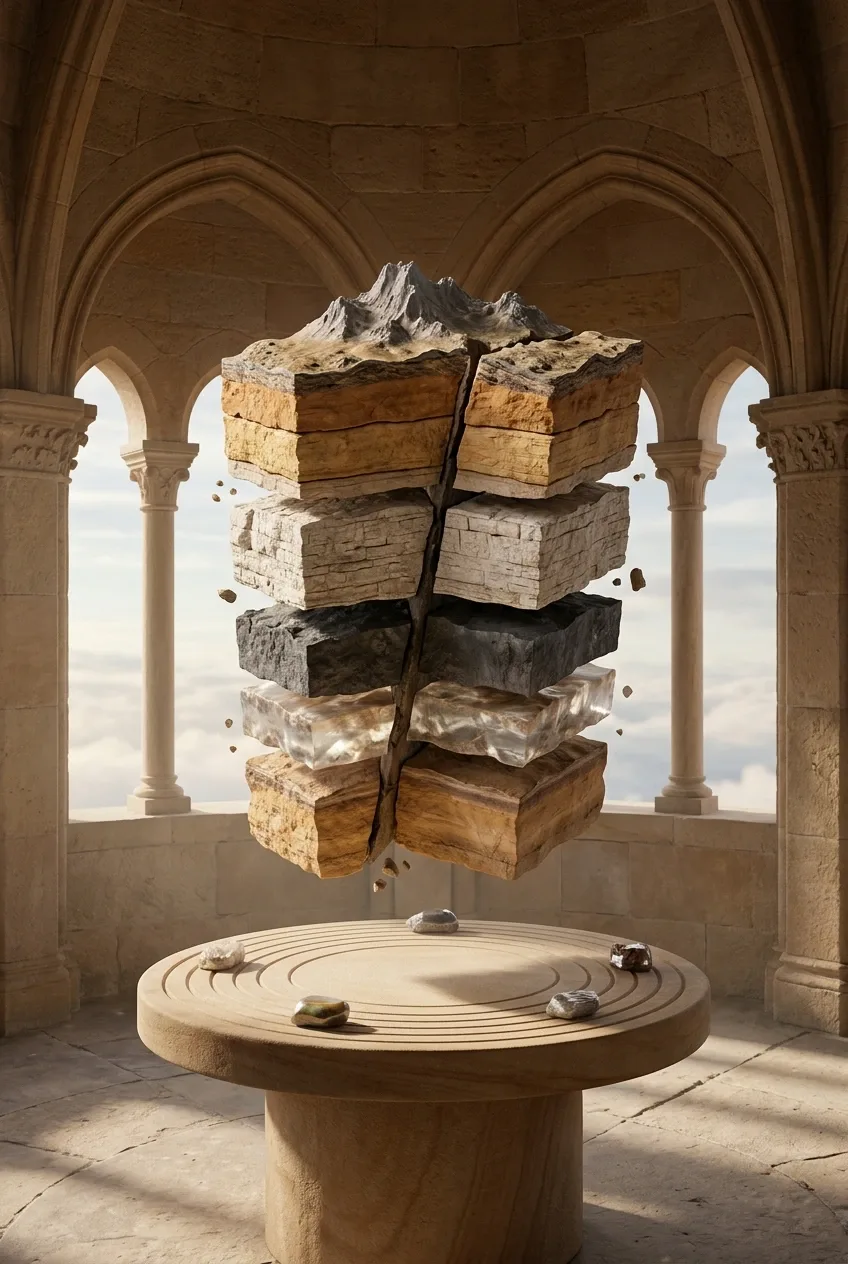Surreal earth science classroom with floating tectonic rock layers, a miniature mountain ridge, suspended mineral fragments, and a circular sandstone learning table beneath tall arched windows.